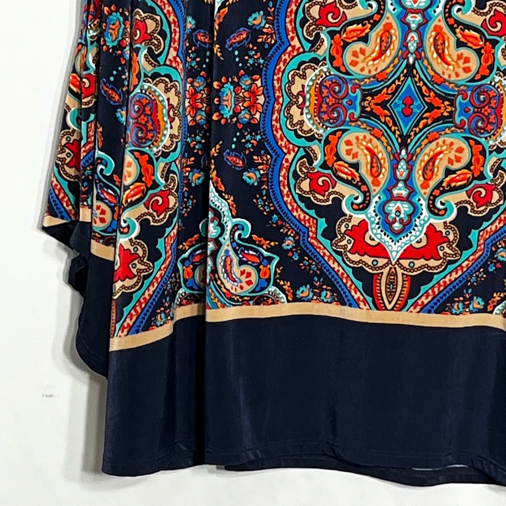 New Directions Womens XL Paisley Medallion Split Bell Sleeve Top Navy Blue Red - Picture 4 of 8